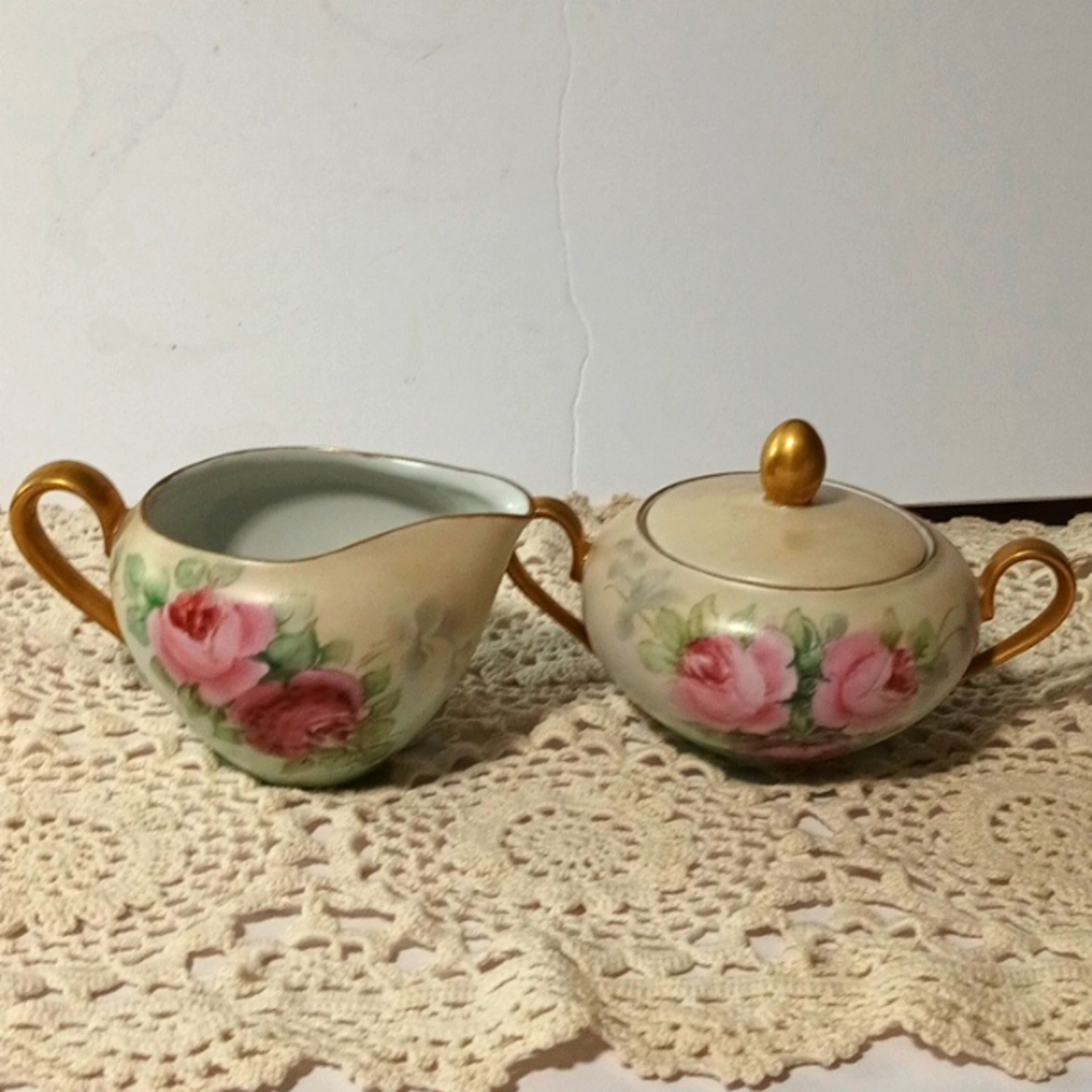 Antique Bavaria Hand Painted And Signed Floral Porcelain Cream And Sugar Set